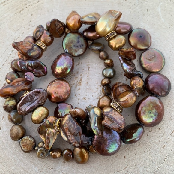 Natural Brown & Copper Cultured Baroque High Luster Freshwater Pearl Bracelets - Picture 13 of 15